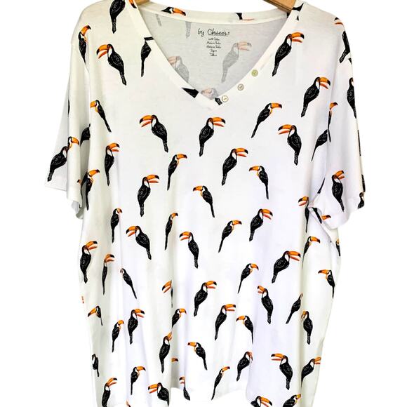 Chico's Top Women's Size 4 Colorful Toucan Becky Button V-Neck Short Sleeve NWT - Picture 1 of 7